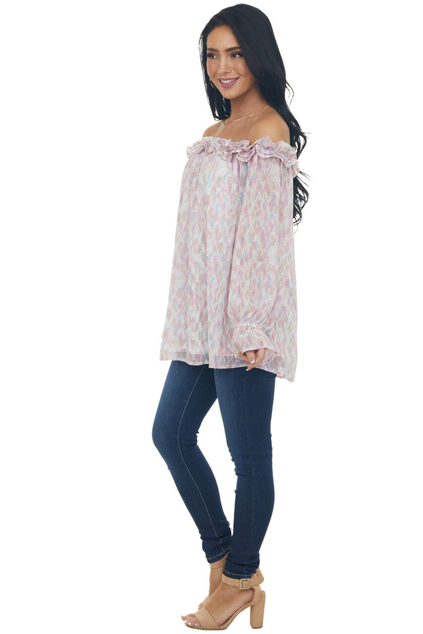 Carnation Watercolor Ruffle Off Shoulder Top