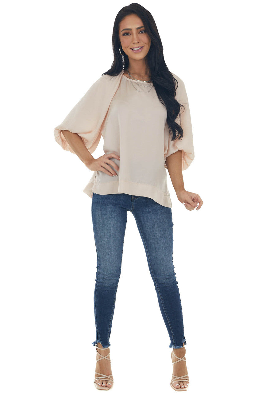 Tea Rose Puff Sleeve Blouse with Side Slits 