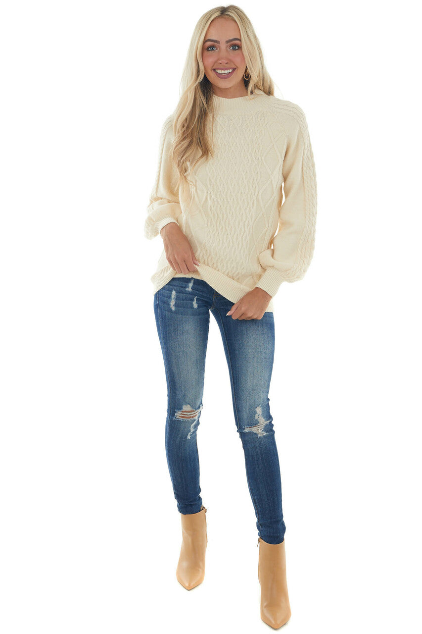 Cream Long Puff Sleeve Cable Knit Sweater