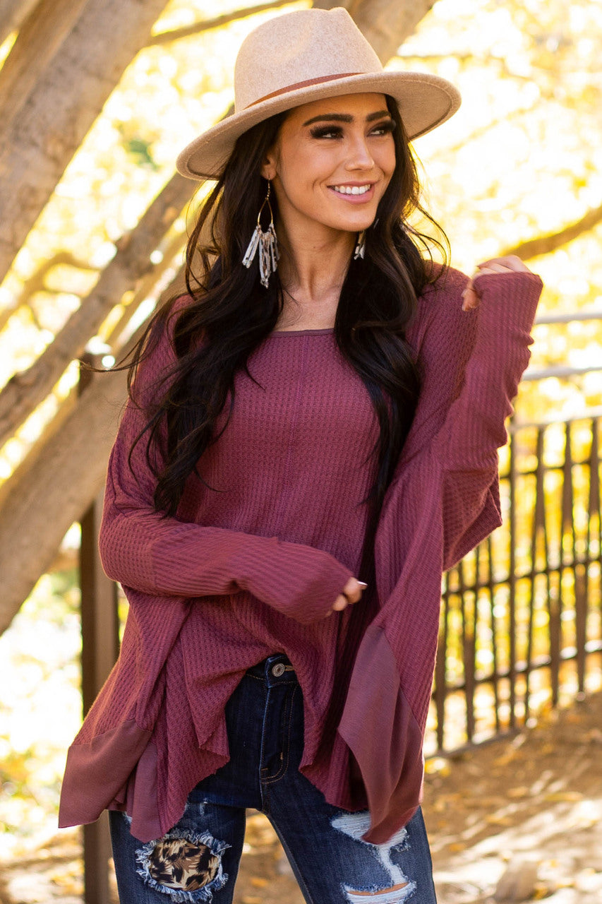 Wine Oversized Thermal Knit Long Sleeve Top