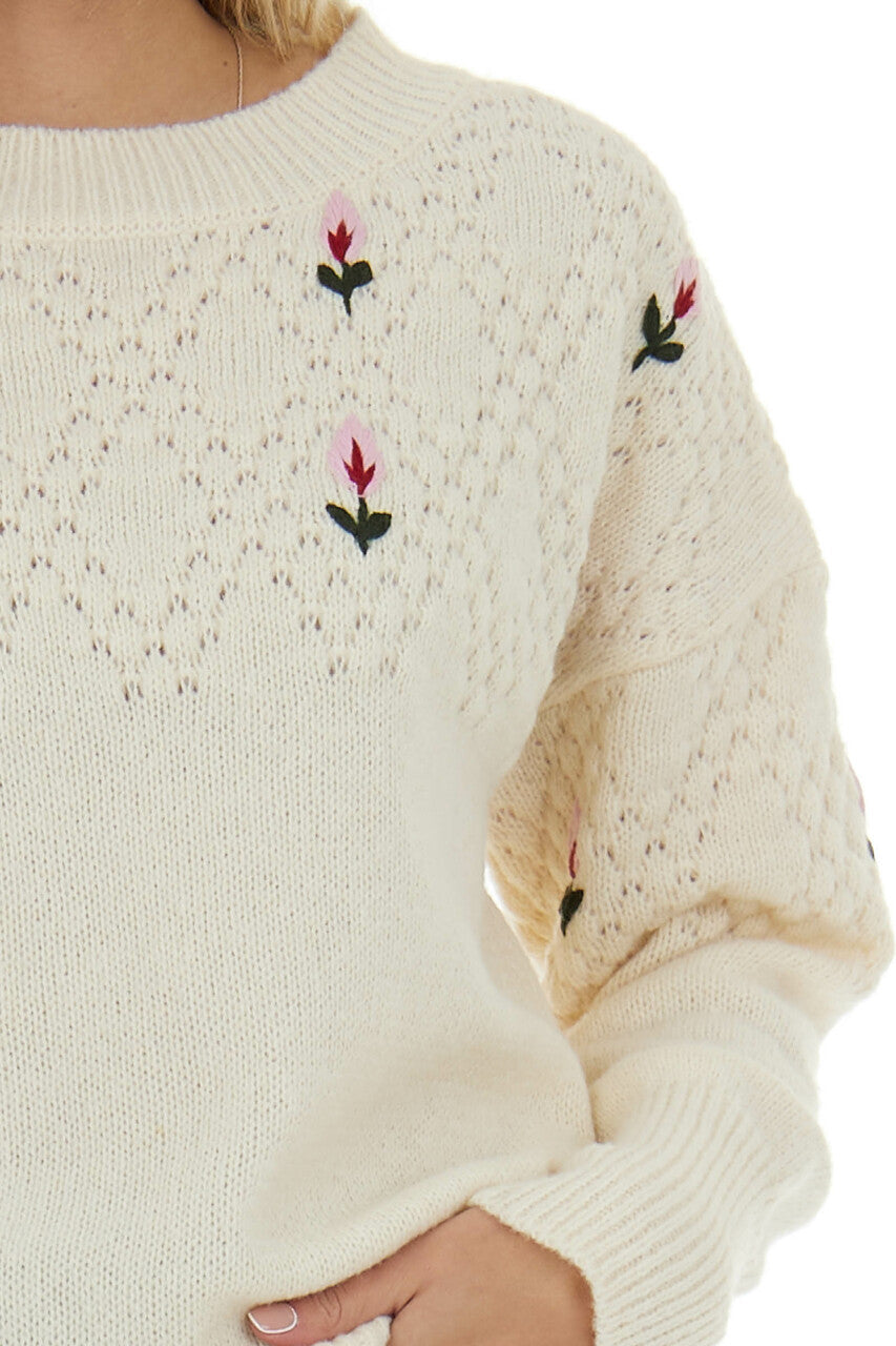Cream Sweater with Embroidered Flower Detail