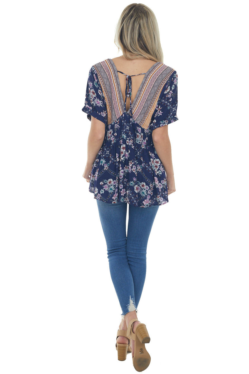 Rich Navy Multiprint Babydoll V Neck Woven Top