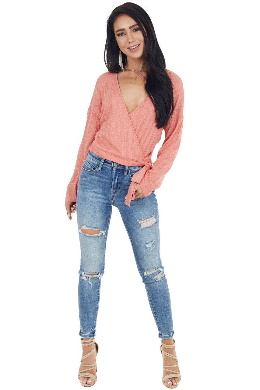 Coral Textured Knit Wrapped Long Sleeve Top with Tie Closure