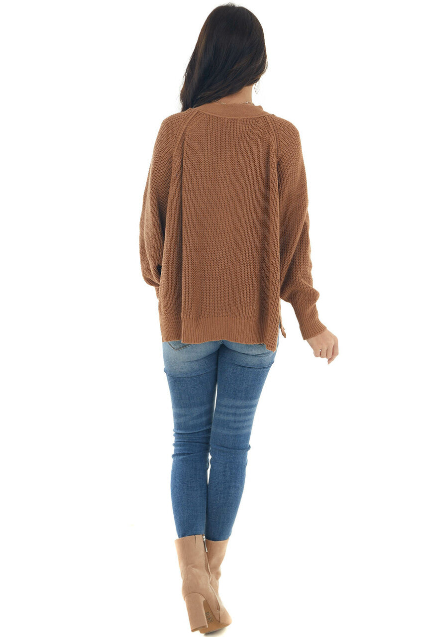 Cognac Long Sleeve Henley Knit Sweater 