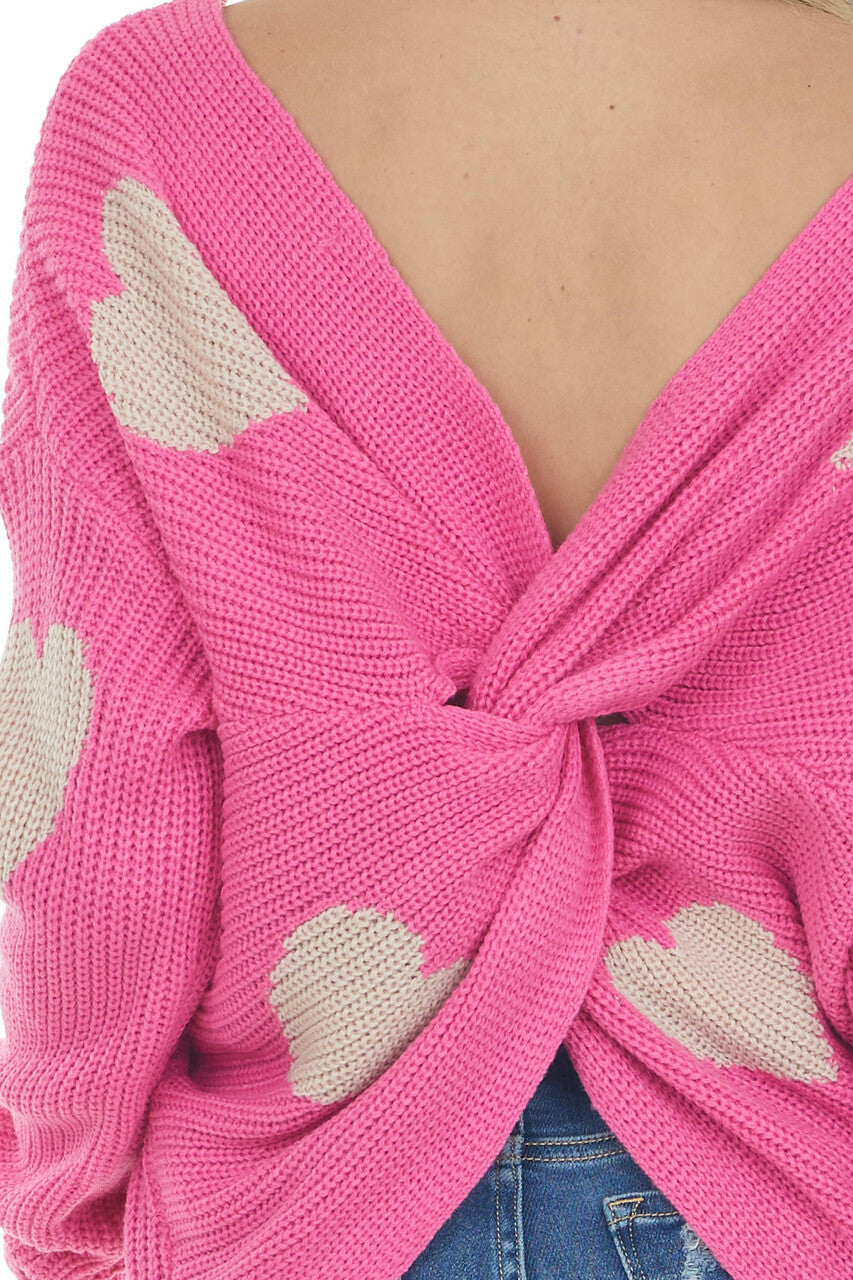 Light Magenta Heart Print Twist Back Sweater