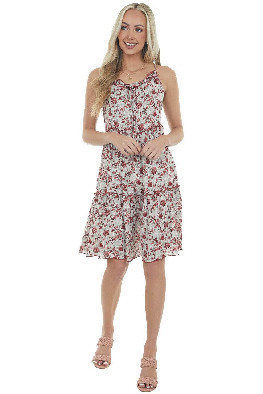 Ivory and Cherry Floral Print Short Dress