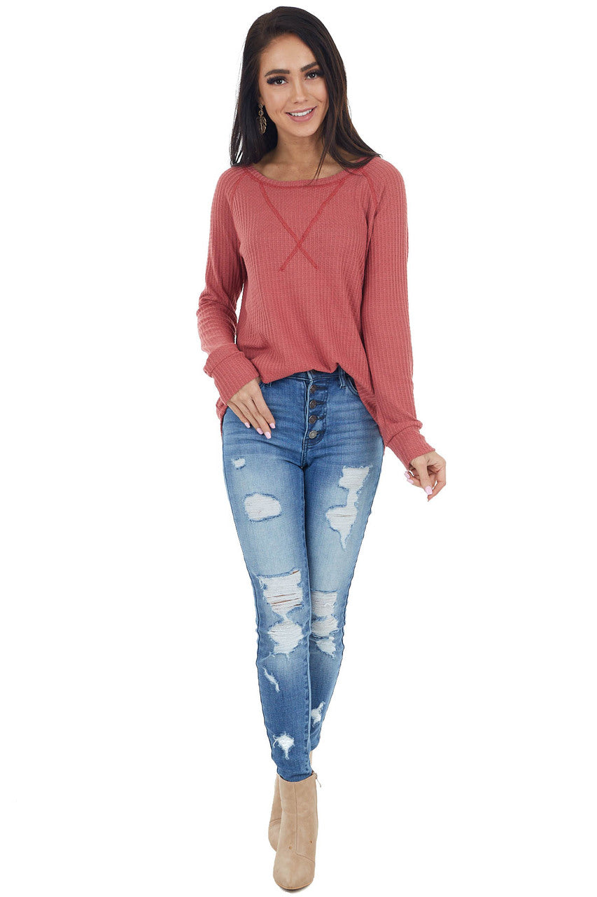 Bright Marsala Waffle Knit Long Sleeve Top with V Stitch