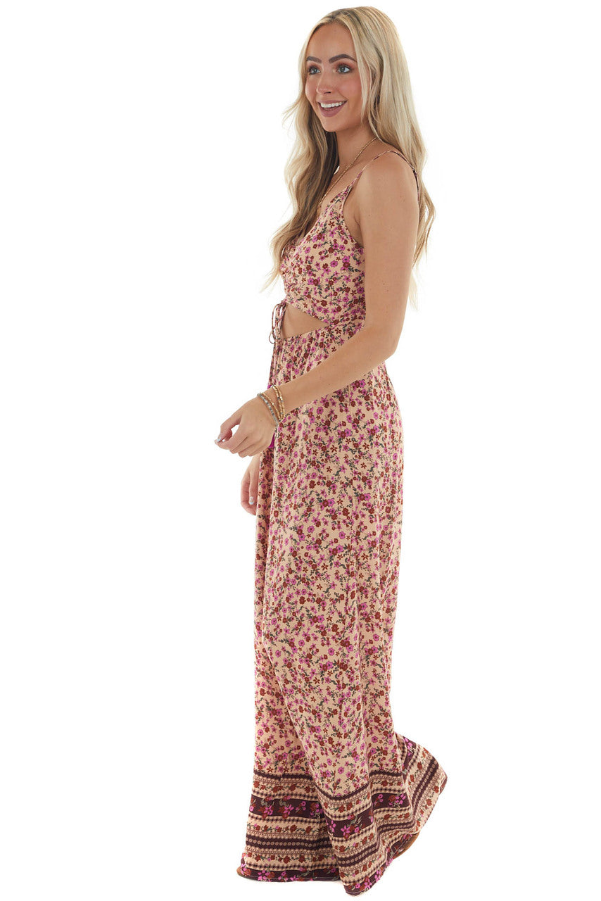 Peach Ditsy Floral Wide Leg Cut Out Jumpsuit