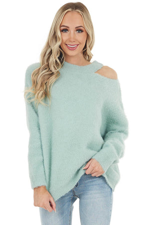 Mint Soft Fuzzy Knit Sweater with Cutout Detail