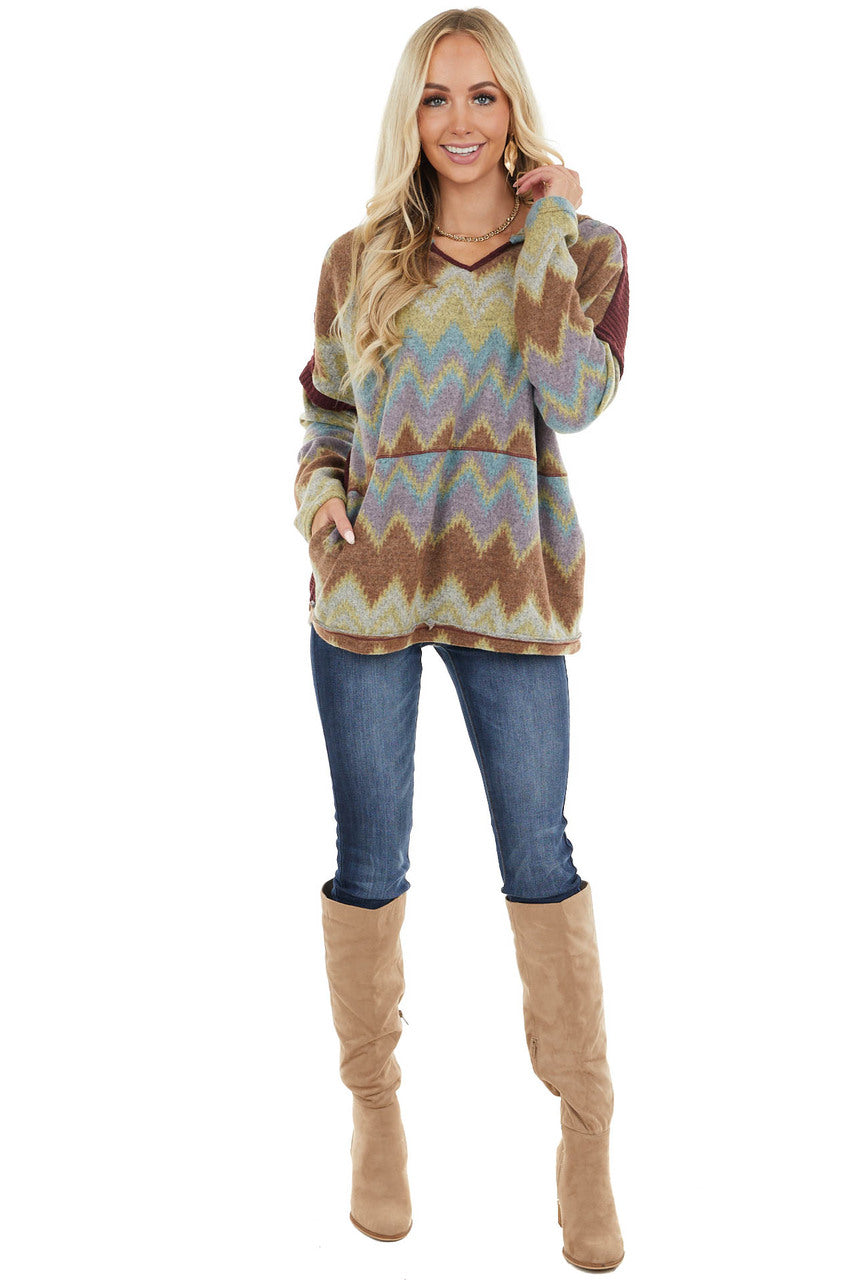 Mahogany Aztec Print Long Sleeve Top with Hood and Pockets