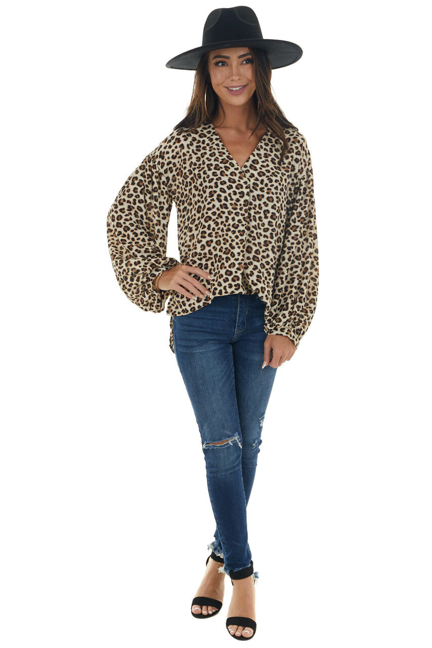 Beige Leopard Print Long Puff Sleeve Woven Top