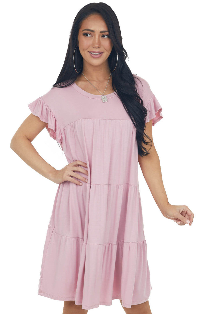 Carnation Pink Flutter Sleeve Tiered Dress