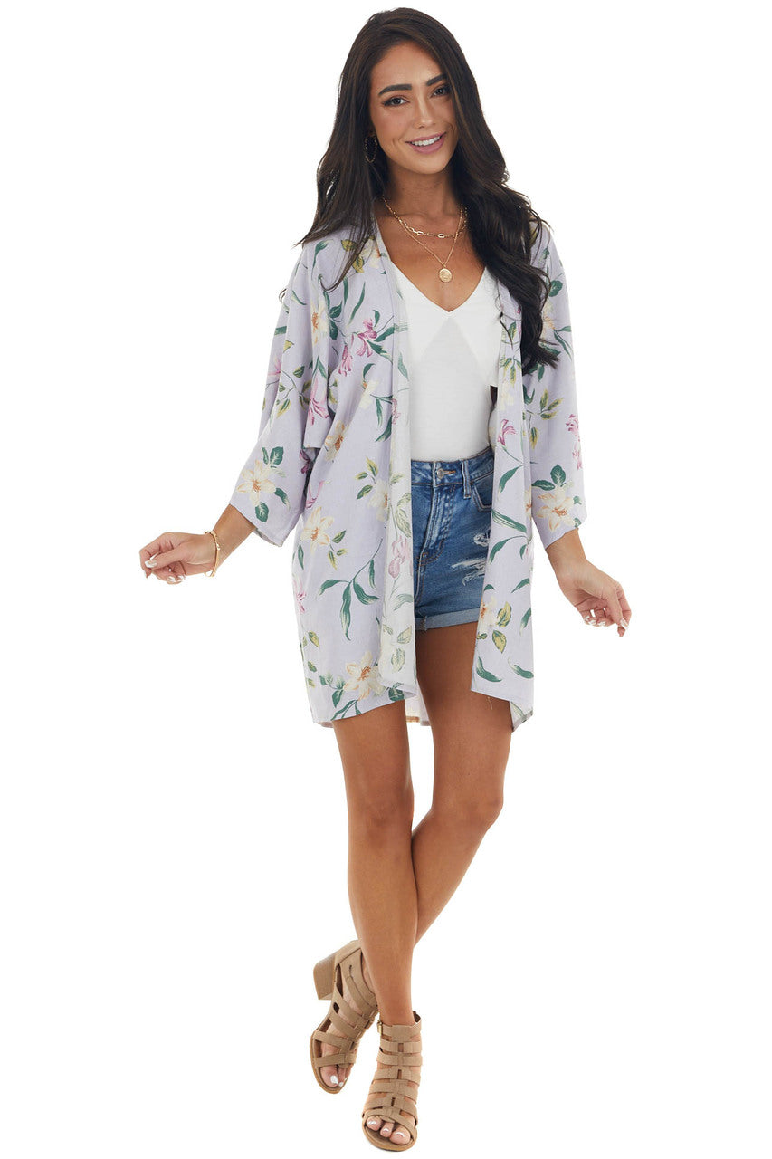 Lavender Floral Print Kimono with High Low Hem