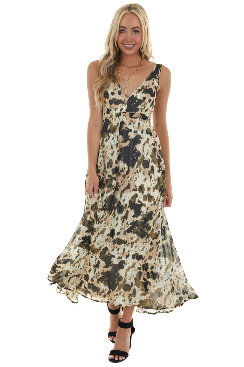 Army Green Printed Sleeveless Flowy Maxi Dress 