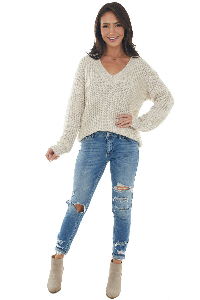 Oatmeal Stretchy Knit V Neck Sweater