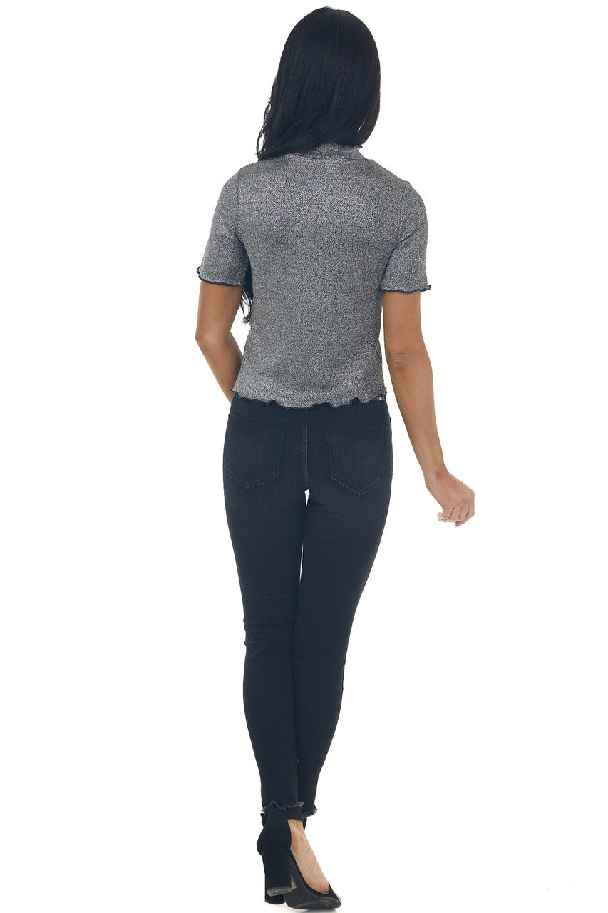 Silver Metallic Thread Lettuce Trim Fitted Top