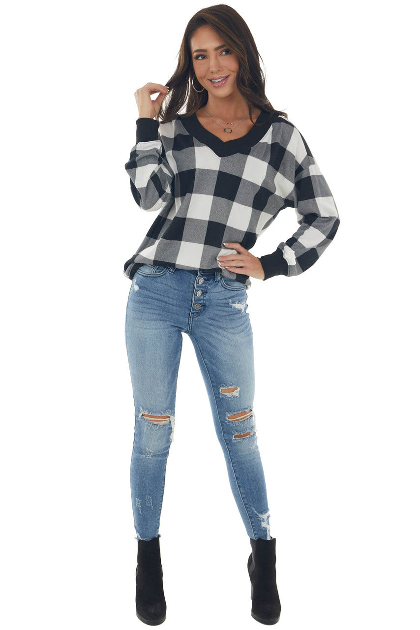 Off White Buffalo Plaid Long Sleeve Knit Top