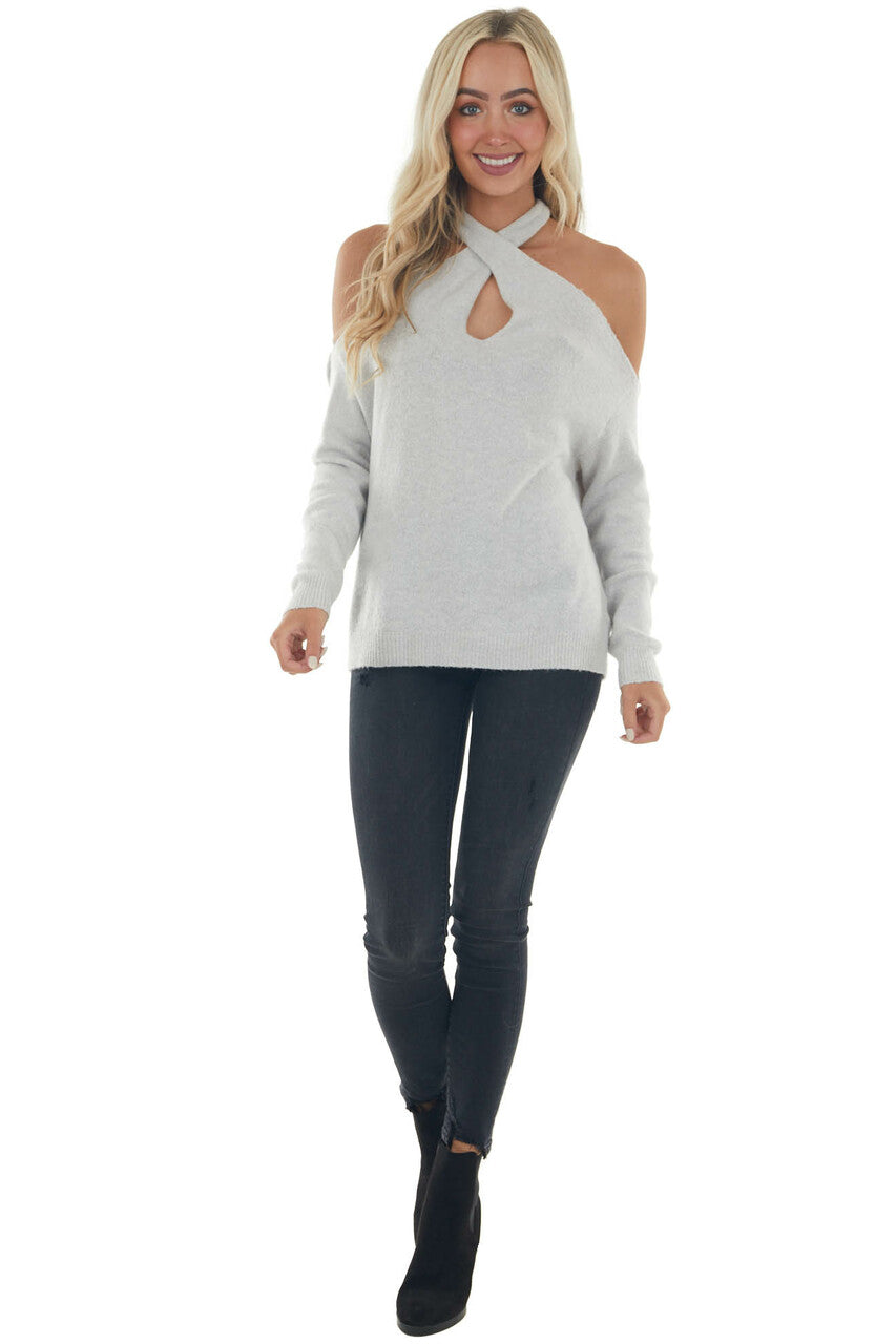 Dove Grey Long Sleeve Halter Neck Lightweight Sweater