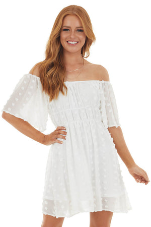 Pearl Off Shoulder Swiss Dot Woven Short Dress