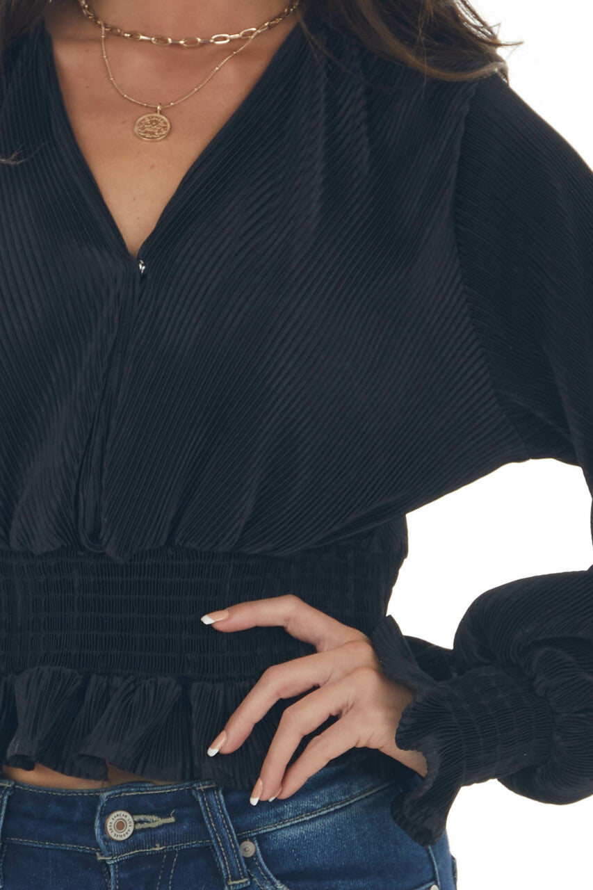 Black Pleated Surplice Smocked Waist Blouse 