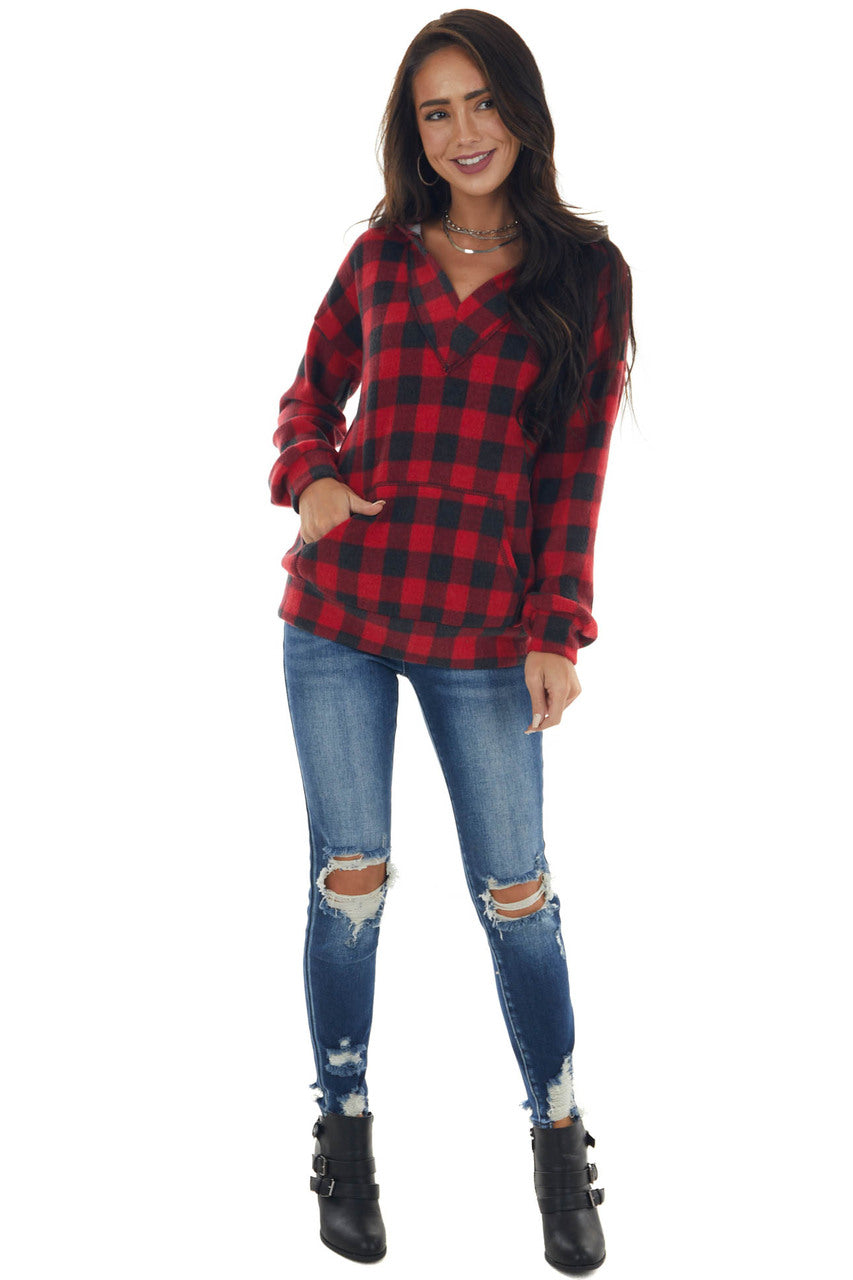 Cranberry and Charcoal Plaid Soft Knit Hoodie