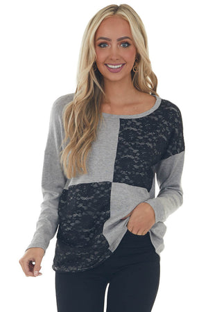 Heather Grey and Black Lace Long Sleeve Top