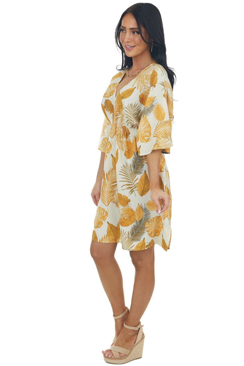 Ivory and Amber Leaf Print Half Sleeve Dress