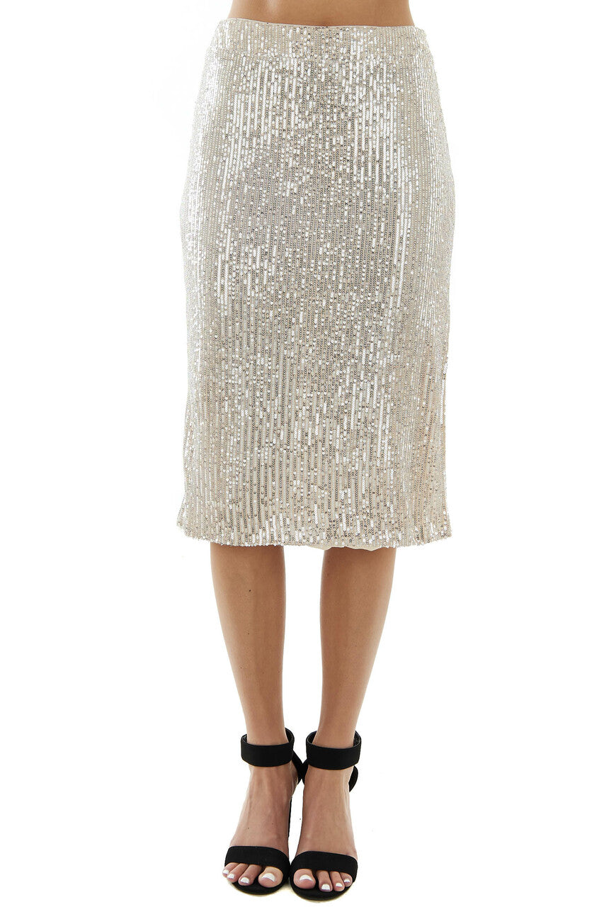 Beige Sequin Midi Skirt with Side Slit 