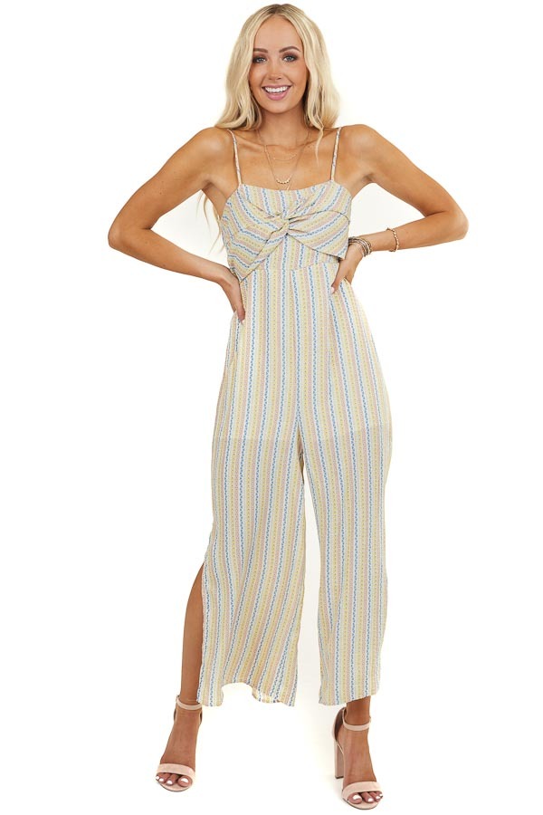Multicolor Patterned Jumpsuit with Front Twist Detail