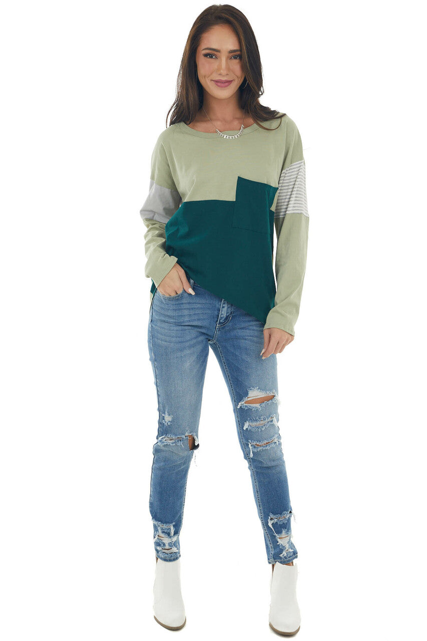 Green Colorblock Knit Top with Chest Pocket