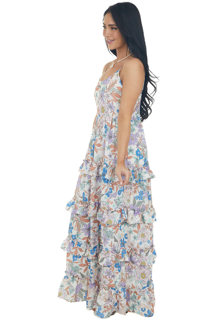 Off White Floral Print Ruffle Tier Maxi Dress