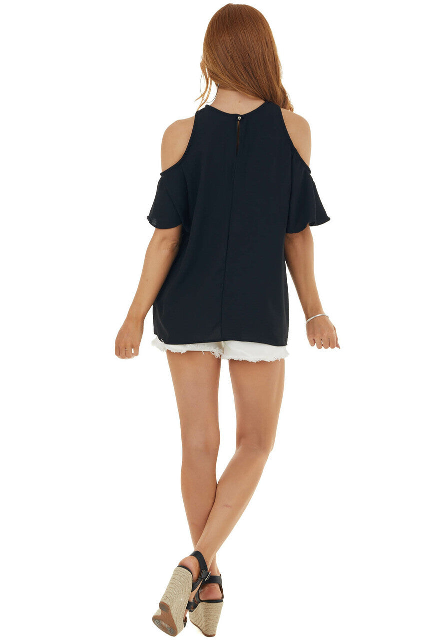 Black Cold Shoulder Blouse with Criss Cross Halter Neck