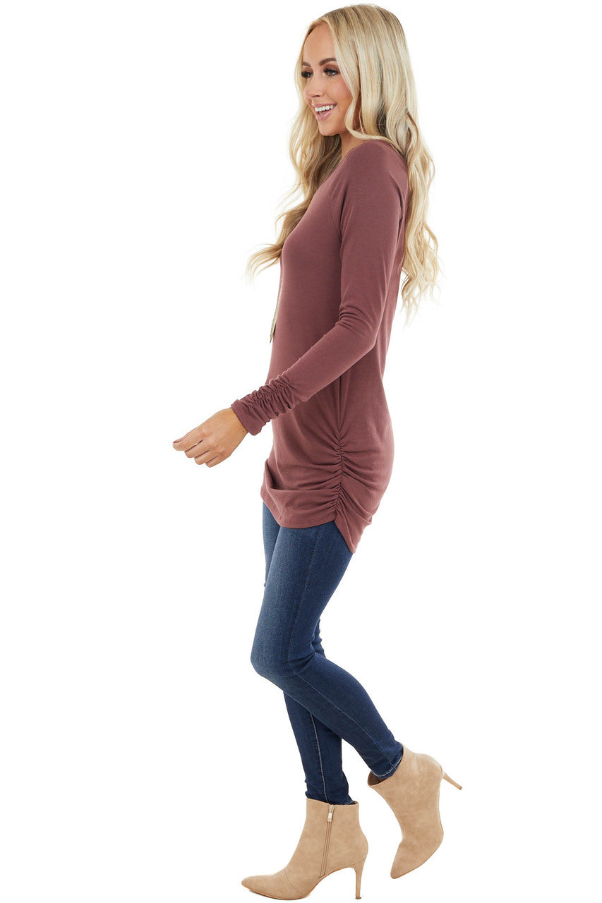 Marsala Long Raglan Sleeve Top with Ruching Details
