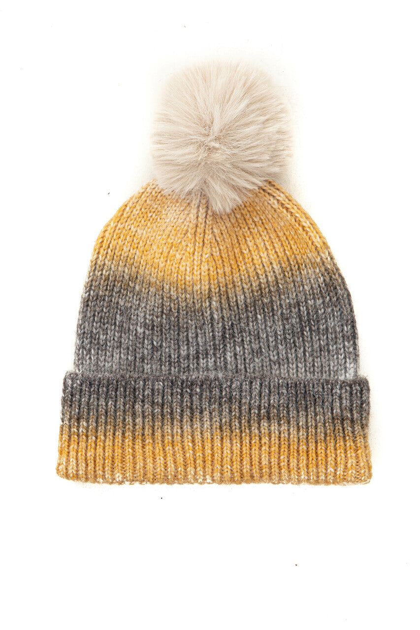 Amber Ombre Beanie with Faux Fur Pom Pom