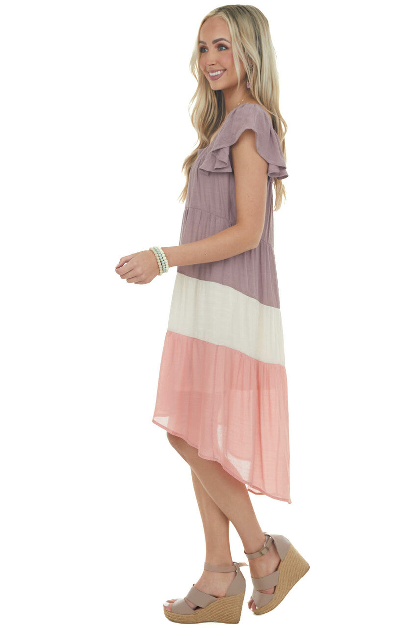 Mauve Colorblock Square Neckline Short Dress