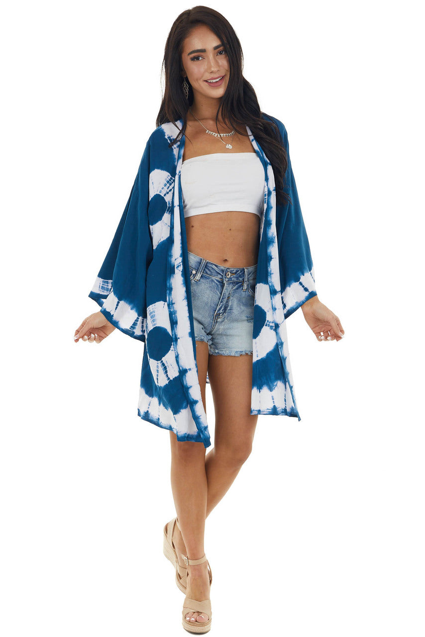 Sea Blue and Ivory Circle Tie Dye Woven Kimono 