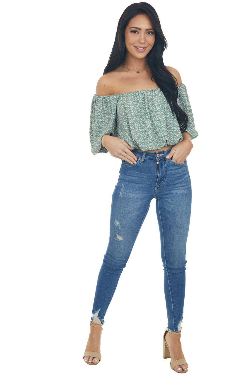 Jade Ditsy Floral Print Boat Neck Crop Top