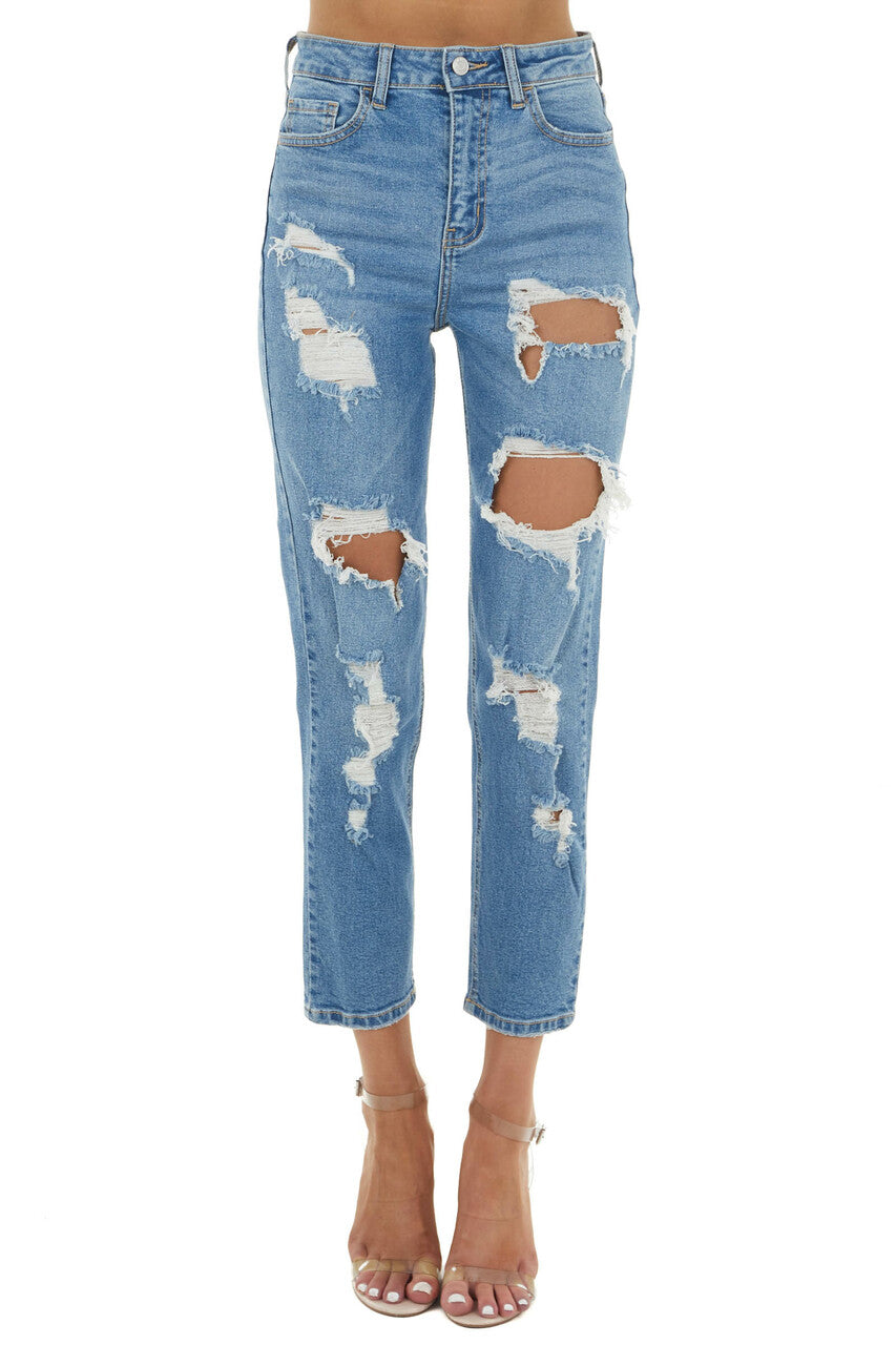 Medium Wash High Rise Distressed Straight Leg Jeans 