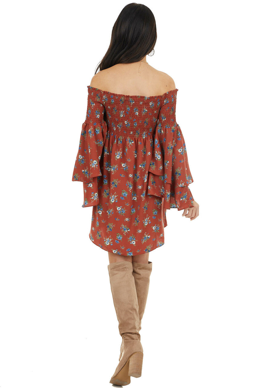 Brick Red Floral Print Off the Shoulder Mini Dress