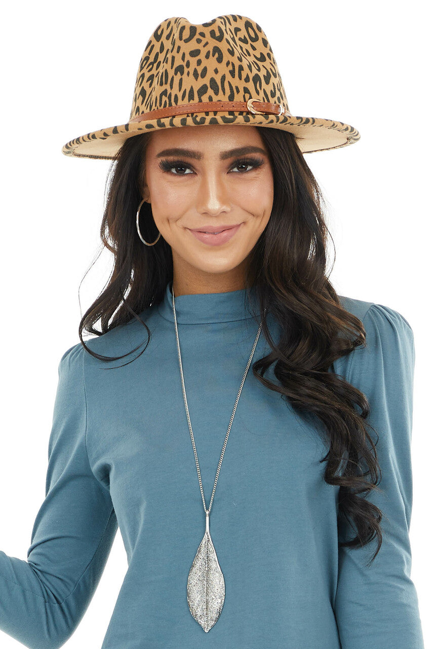 Beige Leopard Print Panama Hat with Brown Belt Detail