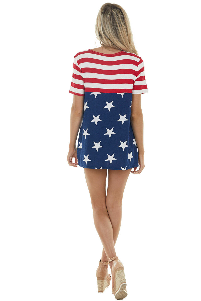 Navy American Flag Print Short Sleeve Knit Top with Twist Front 