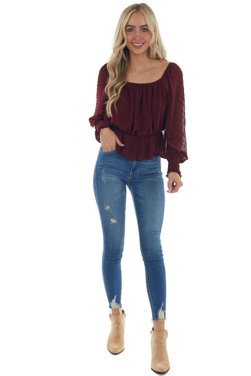 Mahogany Long Sleeve Peplum Swiss Dot Blouse