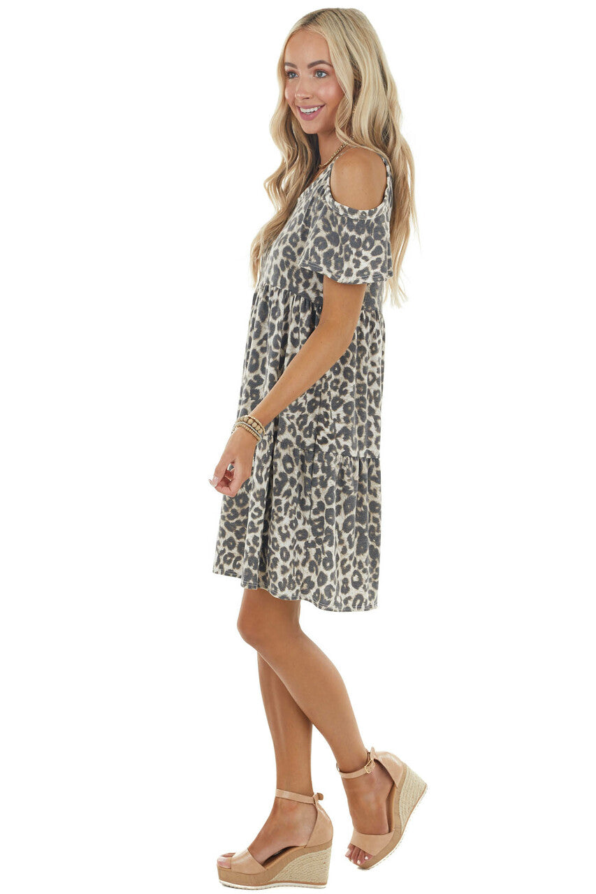 Latte Leopard Print Cold Shoulder Short Sleeve Short Dress 