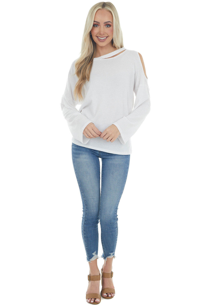 Ivory Waffle Knit Long Sleeve Top with Cold Shoulder