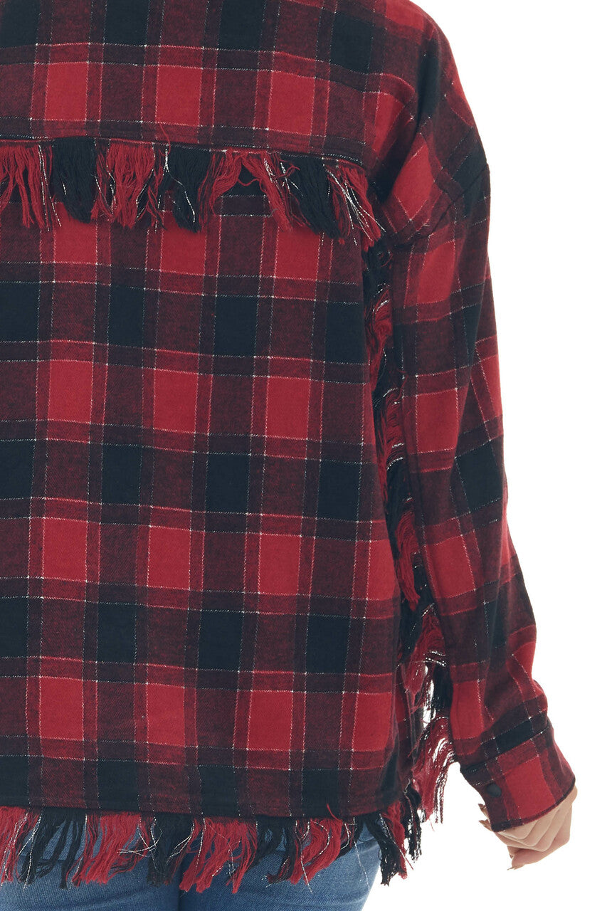 Crimson Plaid Shirt Jacket with Fringe Details