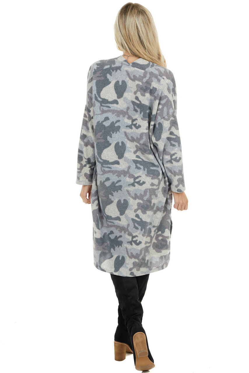 Powder Blue Camo Print Long Sleeve Cardigan with Pockets