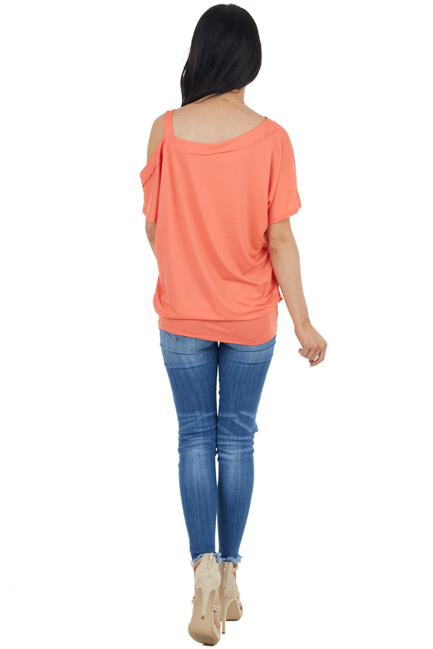 Bright Coral Knit Tunic Top with Single Cold Shoulder 