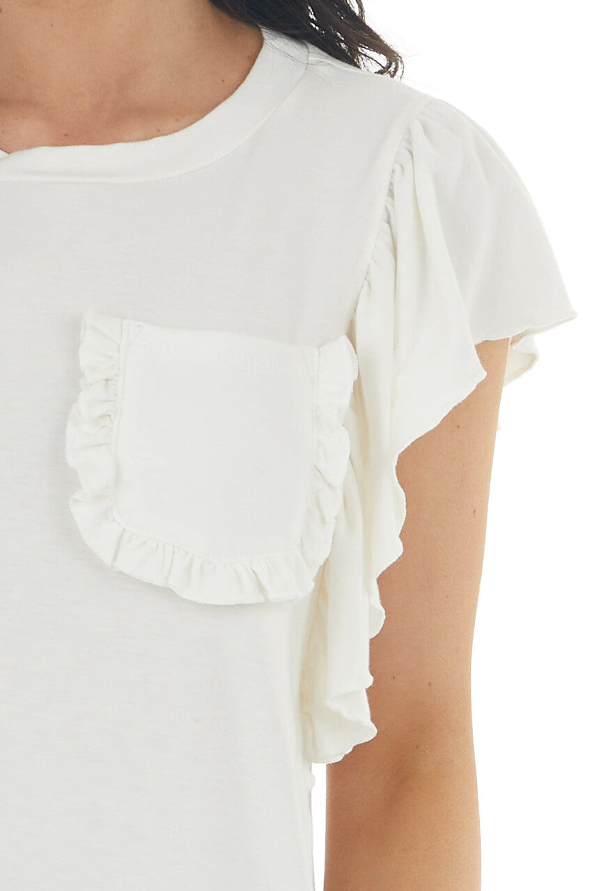 Vanilla Short Ruffled Sleeve Knit Top with Ruffled Pocket