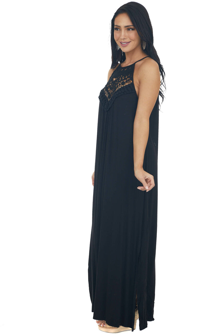 Midnight Black Sleeveless Maxi Dress with Front Lace Detail