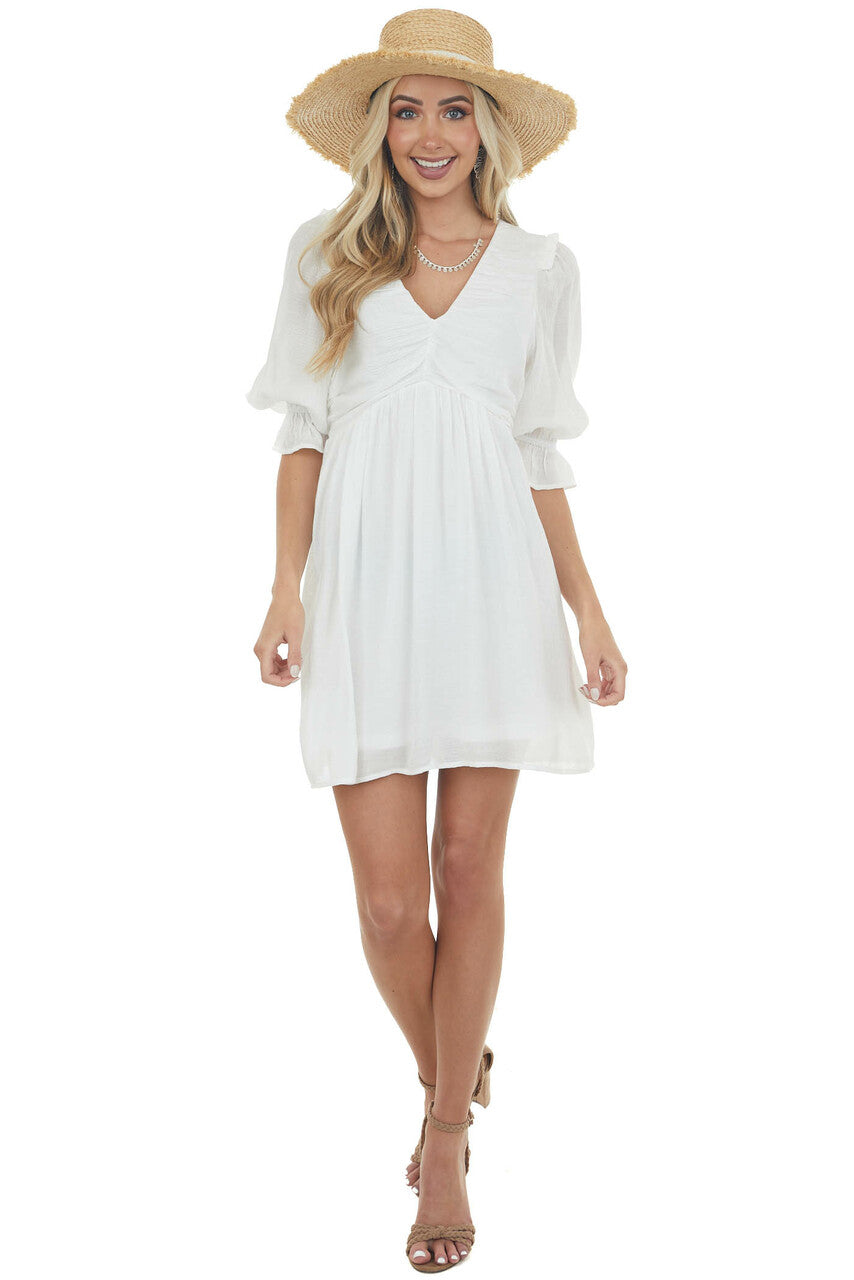 Ivory Half Sleeve Ruched V Neck Short Dress
